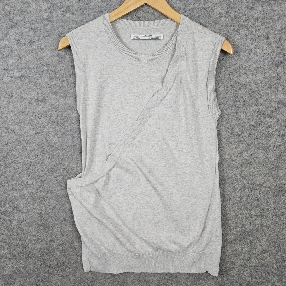 AllSaints‎ Women's Gray Sweater Tank Size 2 Silk Cotton Asymmetrical Drape Knit
